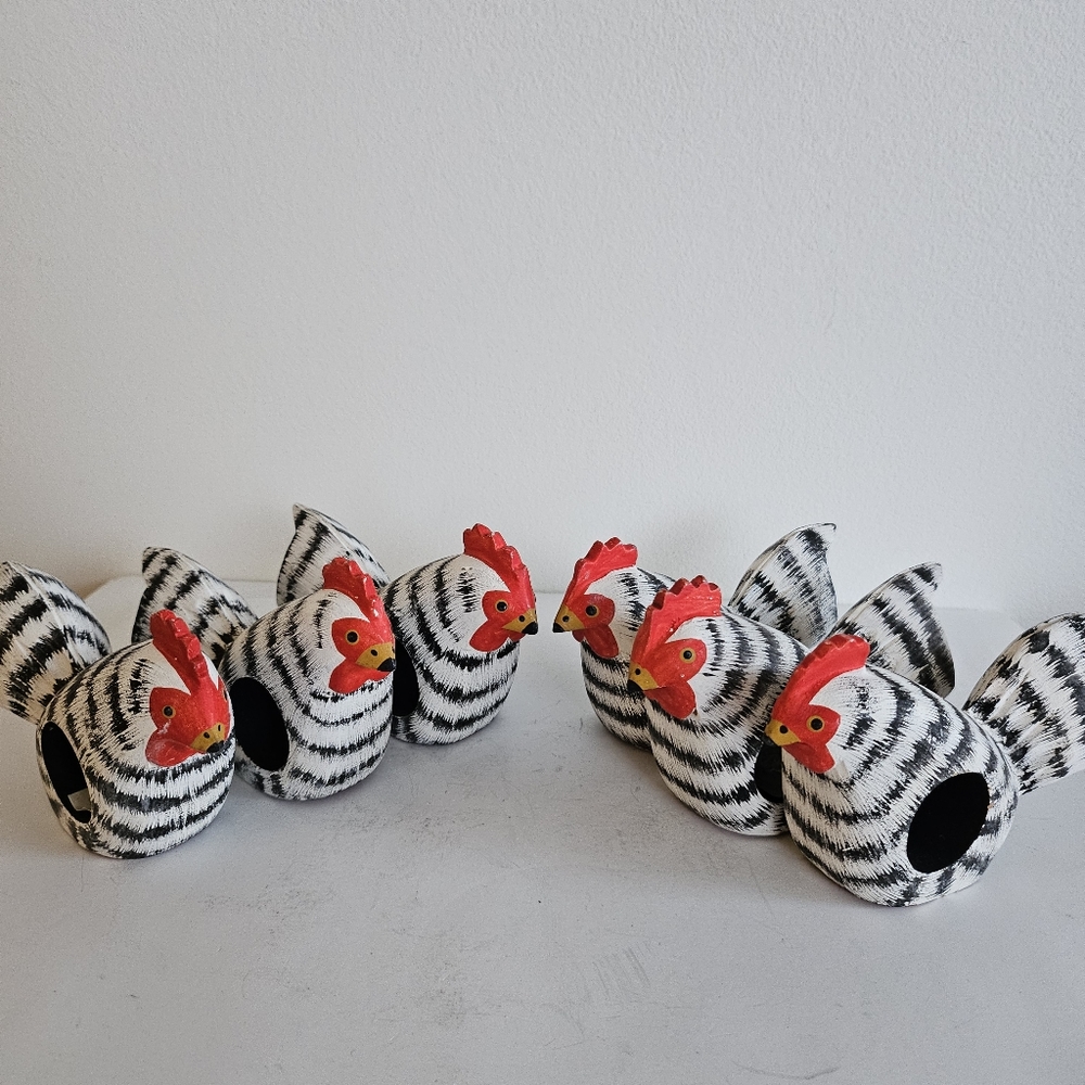 Carved Wood chicken hen napkin holders rings hand painted folk art farmhouse (6)
